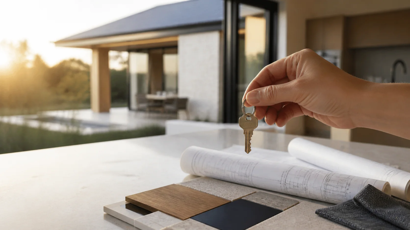 New home key above architectural plans and material selections