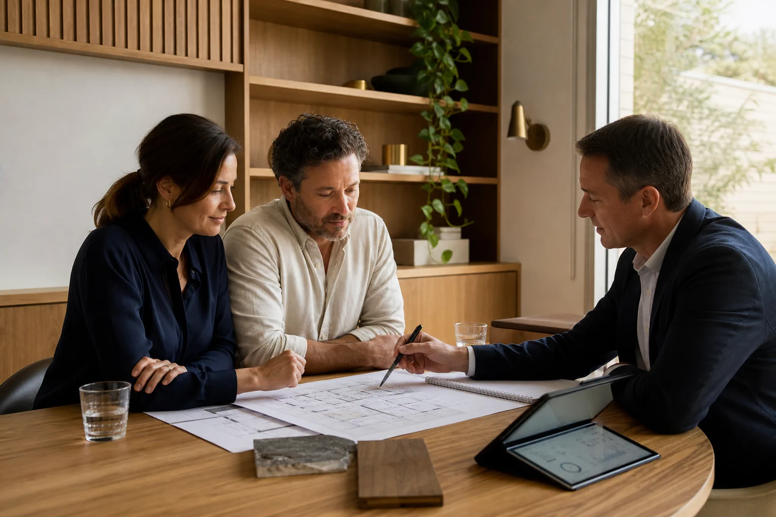 Homeowners reviewing their building budget and plans with a professional
