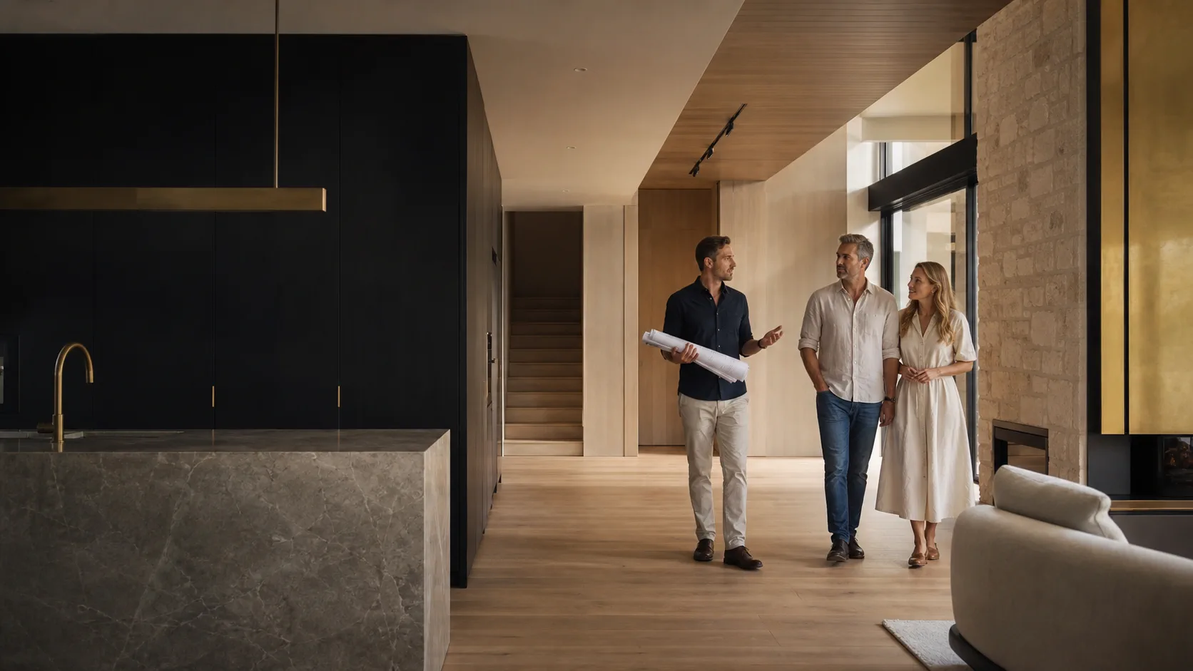Construction adviser walking through a near-complete contemporary home with homeowners