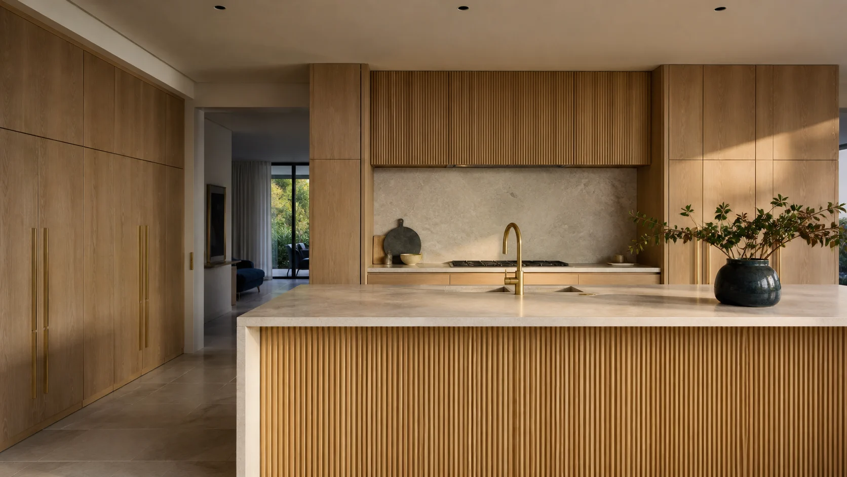 Bespoke oak and natural stone kitchen with integrated cabinetry