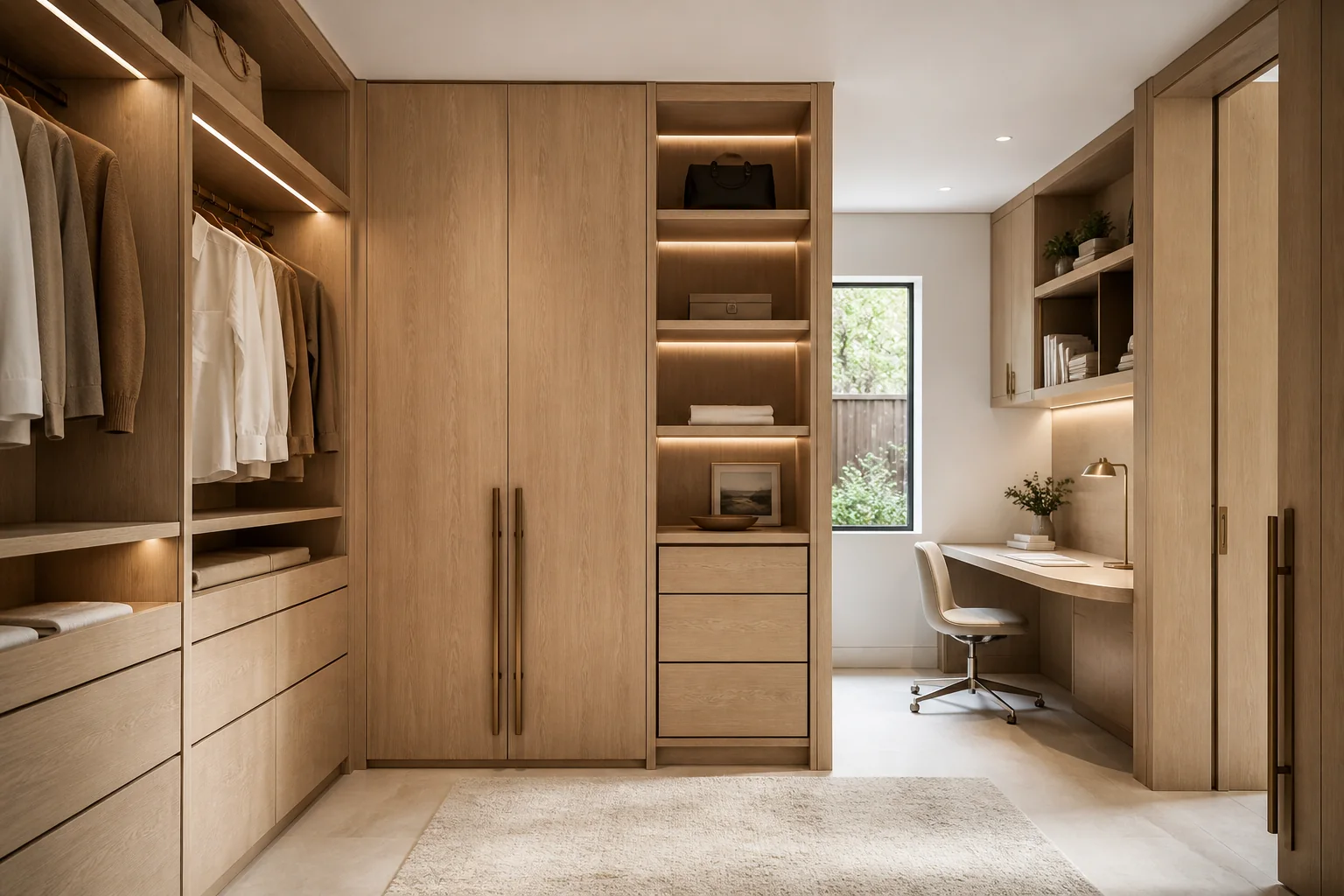 Custom oak walk-in wardrobe and integrated home office