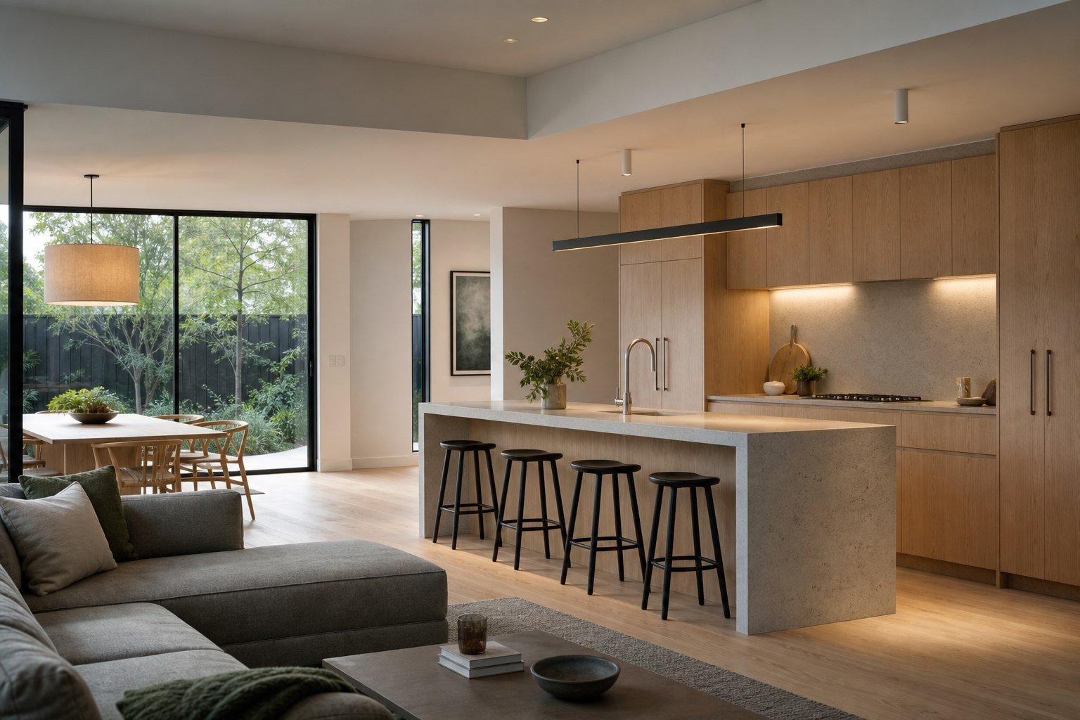 Completed contemporary Australian kitchen and living space