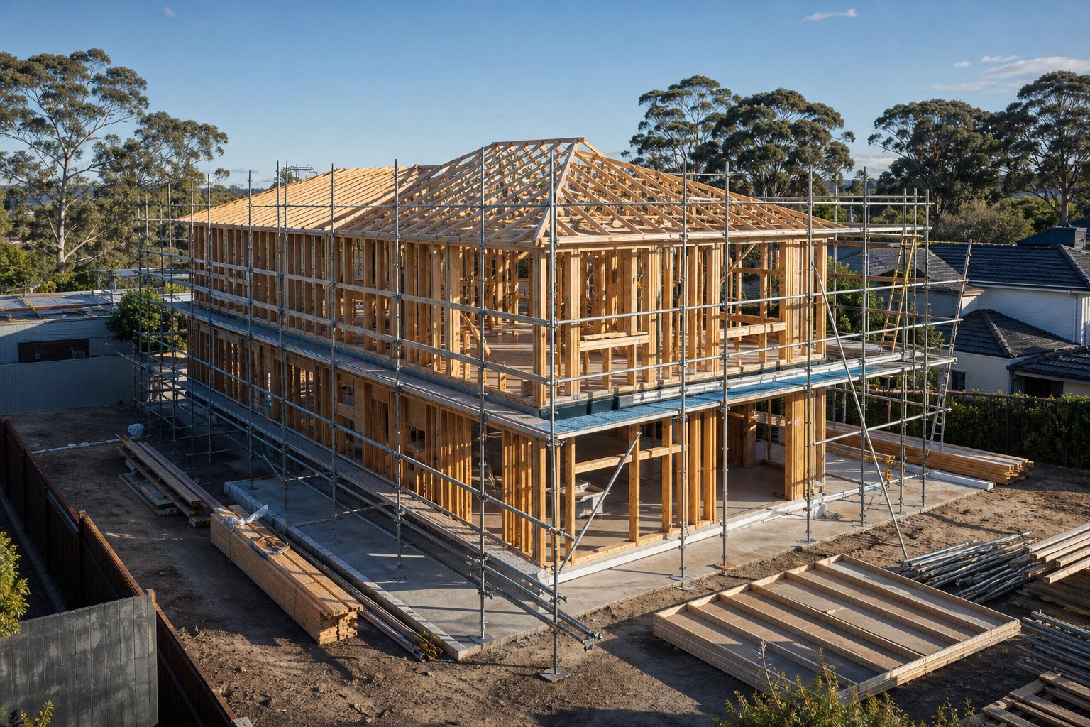 Two-storey residential timber framing under construction
