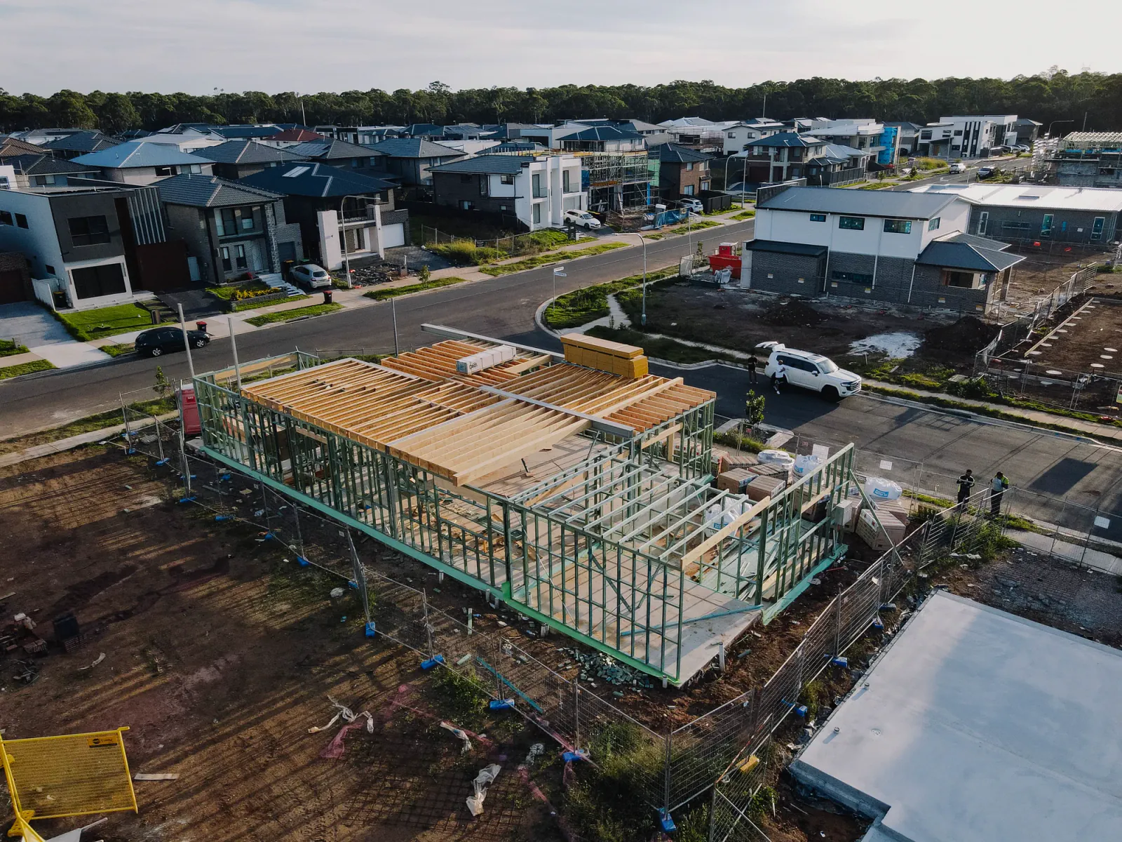 Close aerial view of roof framing and structural details