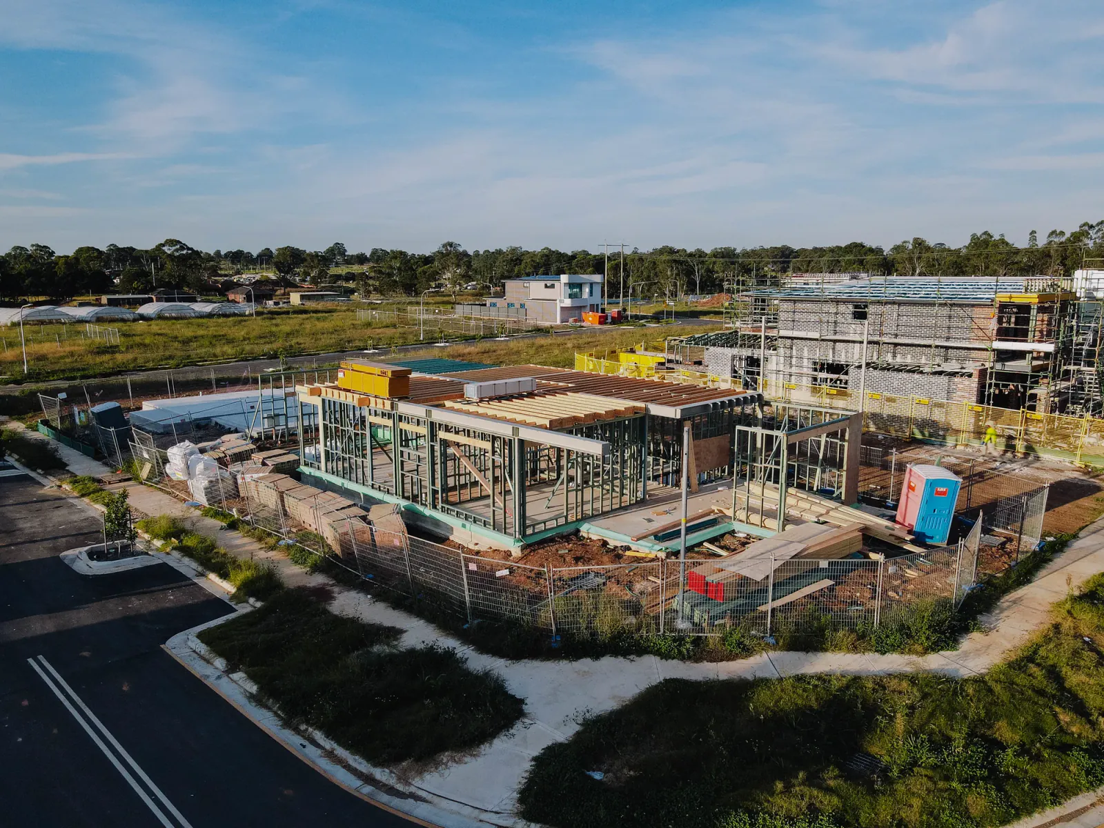 Single-storey residential steel and timber framing under construction