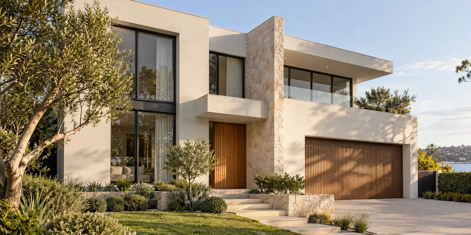 Architectural visualisation of a contemporary home with a warm rendered facade