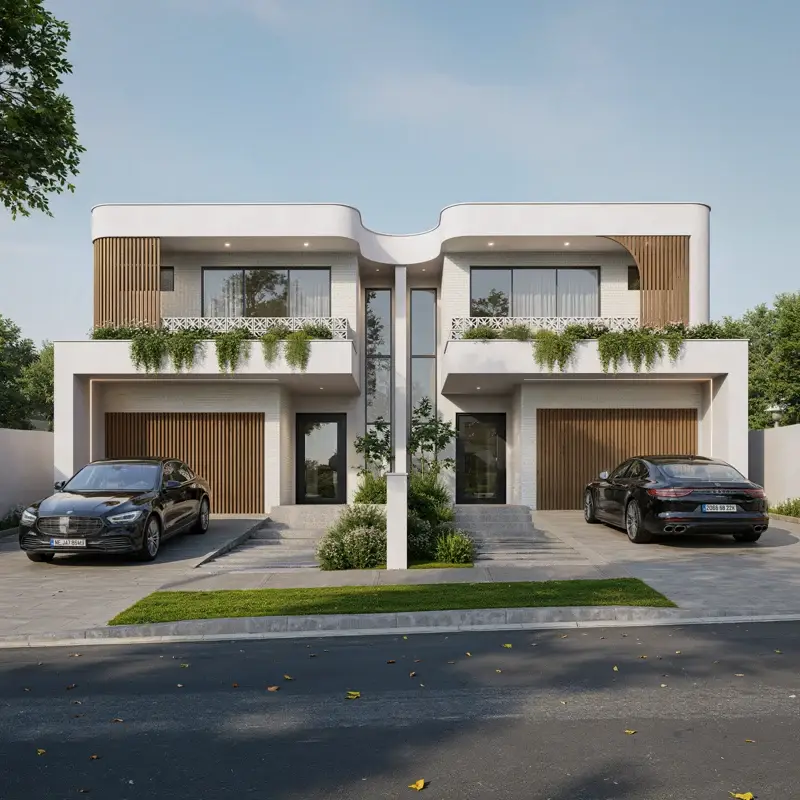 Paired residences with curved rooflines, timber garages and cascading greenery