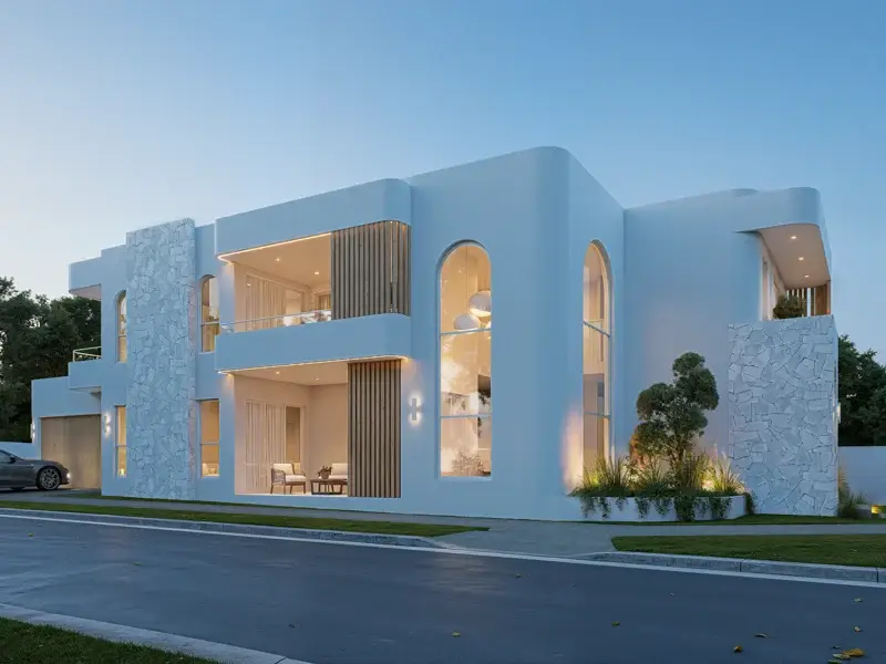 Curved white residence with stone feature walls and warm architectural lighting