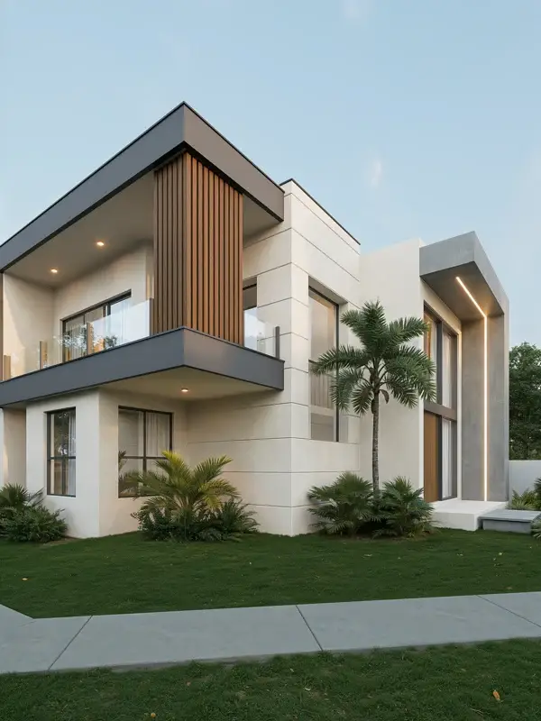 Contemporary residence with timber screens, glass balcony and landscaped garden