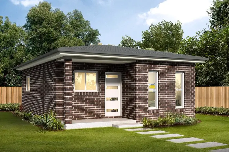 Brick granny flat with sheltered entry and garden path