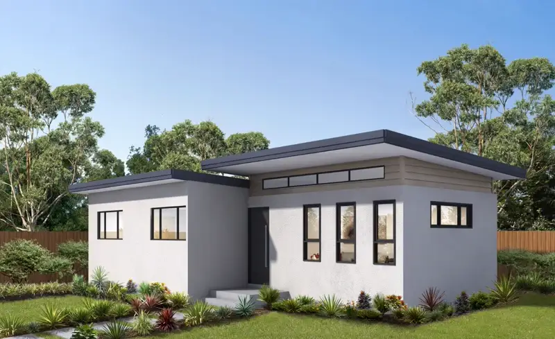 Contemporary granny flat with stepped rooflines, white render and landscaped garden