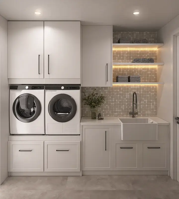 White laundry cabinetry with raised appliances and illuminated shelves