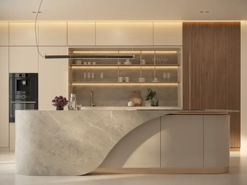 Front view of curved island and warmly illuminated kitchen shelves