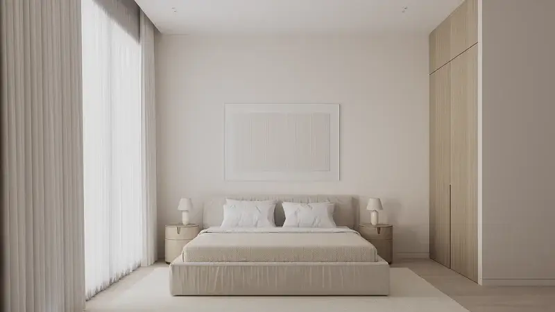 Neutral bedroom with upholstered bed and full height oak wardrobe