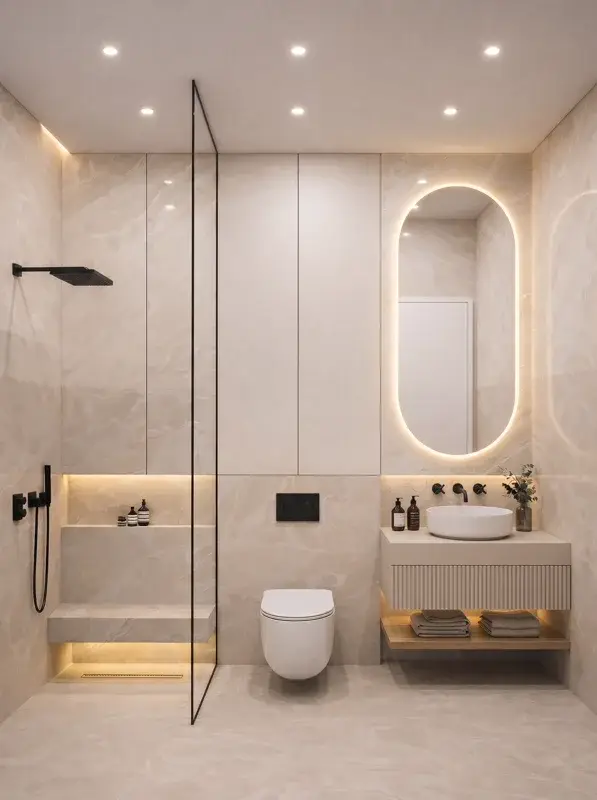 Pale stone bathroom with oval illuminated mirror and black fittings