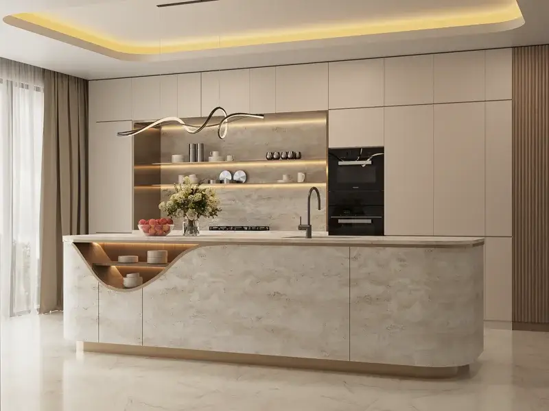 Curved stone kitchen island with illuminated display shelving