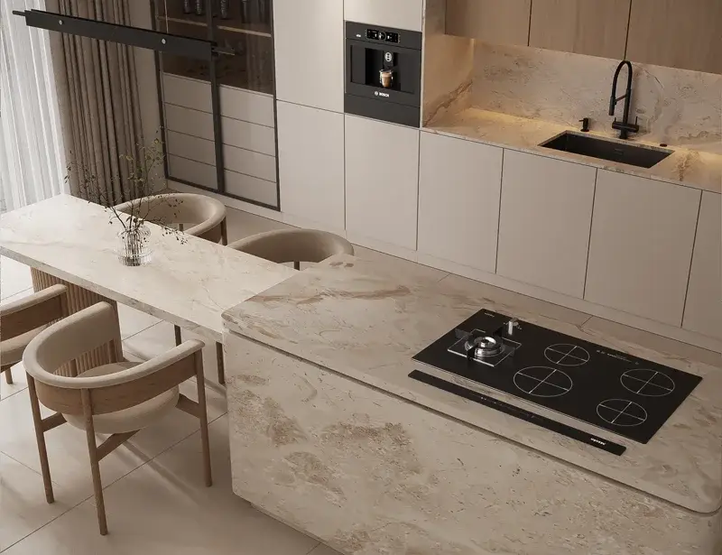 Close view of veined stone surfaces and integrated kitchen dining