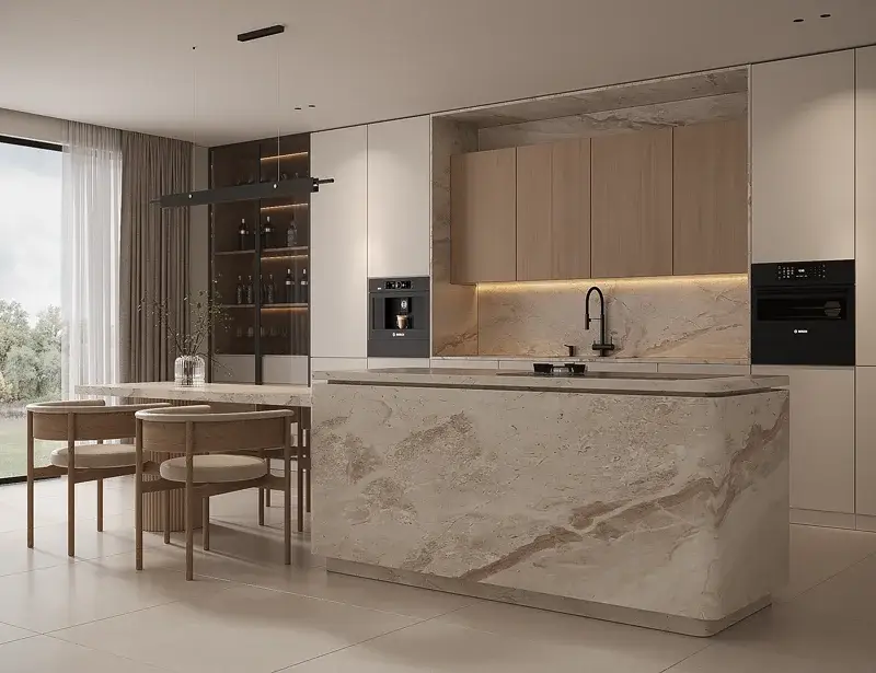 Stone island kitchen with oak cabinetry and integrated dining
