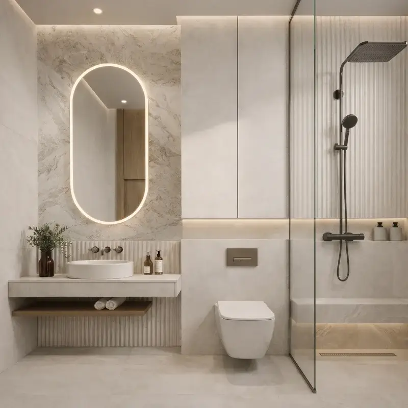 Bathroom with ribbed surfaces and floating vanity