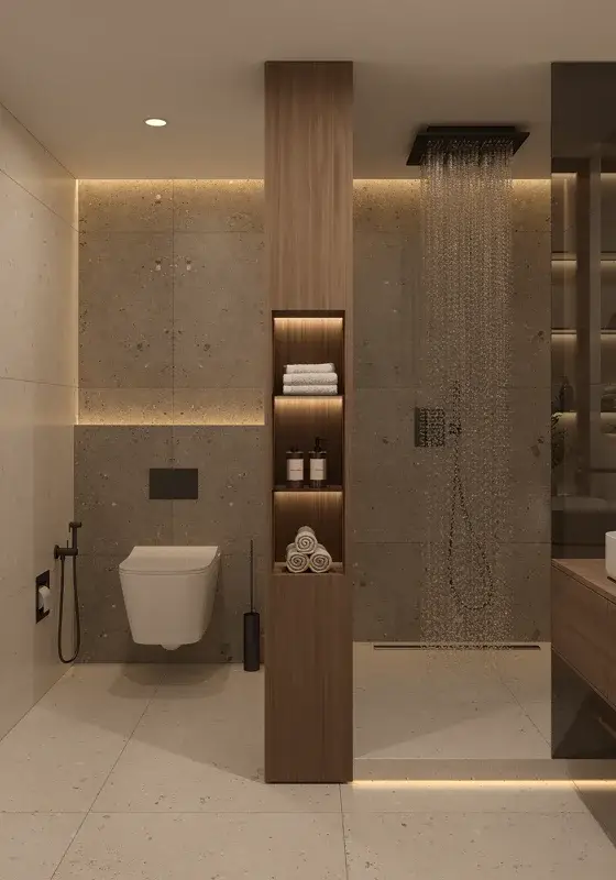 Rain shower with timber storage niche and warm concealed lighting