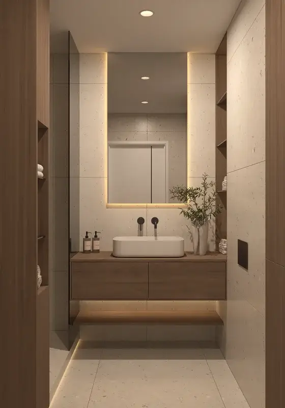 Floating timber vanity with backlit mirror and stone walls