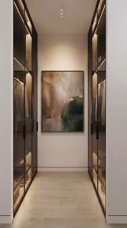Walk in wardrobe with glass doors and illuminated timber shelving