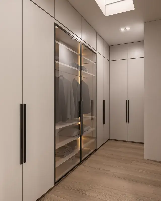 Corner wardrobe with full height doors and illuminated glass display
